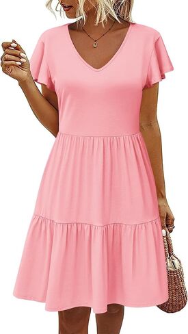 HOTOUCH Women's Casual Tiered Dress with Pockets V Neck Ruffle Dress Cap Sleeve Swing Mini Dress A-Line Dresses in Kuwait