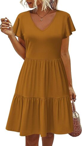 HOTOUCH Women's Casual Tiered Dress with Pockets V Neck Ruffle Dress Cap Sleeve Swing Mini Dress A-Line Dresses in Kuwait