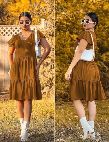 HOTOUCH Women's Casual Tiered Dress with Pockets V Neck Ruffle Dress Cap Sleeve Swing Mini Dress A-Line Dresses in Kuwait