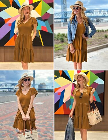 HOTOUCH Women's Casual Tiered Dress with Pockets V Neck Ruffle Dress Cap Sleeve Swing Mini Dress A-Line Dresses in Kuwait