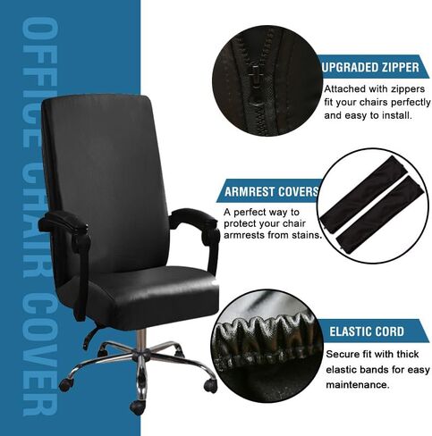 Shukii Waterproof Office Chair Cover PU Leather Computer Seat Covers Stretch Rotating Chair Slipcover with Elastic Bottom Universal Chair Protectors for Rotating Boss Chair (Black, Large) in Kuwait