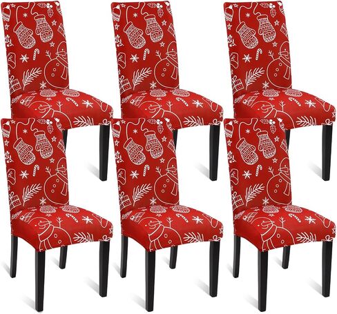 Ileading 6 PCS Christmas Chair Covers for Dining Room Xmas Stockings Snowman Winter Chair Slipcover Protector Stretch Removable Washable Red Chair Seat Covers for Home Hotel Banquet Party in Saudi Arabia