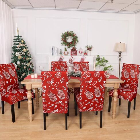 Ileading 6 PCS Christmas Chair Covers for Dining Room Xmas Stockings Snowman Winter Chair Slipcover Protector Stretch Removable Washable Red Chair Seat Covers for Home Hotel Banquet Party in Saudi Arabia