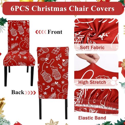 Ileading 6 PCS Christmas Chair Covers for Dining Room Xmas Stockings Snowman Winter Chair Slipcover Protector Stretch Removable Washable Red Chair Seat Covers for Home Hotel Banquet Party in Saudi Arabia