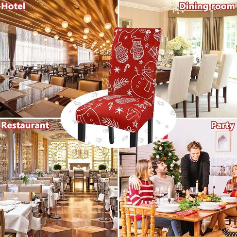 Ileading 6 PCS Christmas Chair Covers for Dining Room Xmas Stockings Snowman Winter Chair Slipcover Protector Stretch Removable Washable Red Chair Seat Covers for Home Hotel Banquet Party in Saudi Arabia