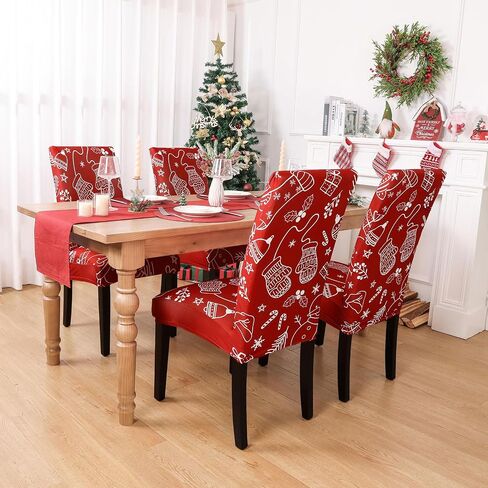 Ileading 6 PCS Christmas Chair Covers for Dining Room Xmas Stockings Snowman Winter Chair Slipcover Protector Stretch Removable Washable Red Chair Seat Covers for Home Hotel Banquet Party in Saudi Arabia