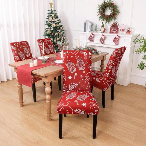 Ileading 6 PCS Christmas Chair Covers for Dining Room Xmas Stockings Snowman Winter Chair Slipcover Protector Stretch Removable Washable Red Chair Seat Covers for Home Hotel Banquet Party in Saudi Arabia