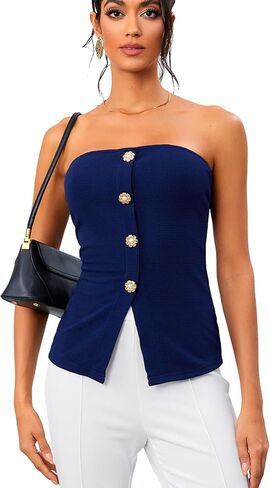 OYOANGLE Women's Button Front Slit Hem Tube Top Strapless Textured Slim Fit Tops in Saudi Arabia