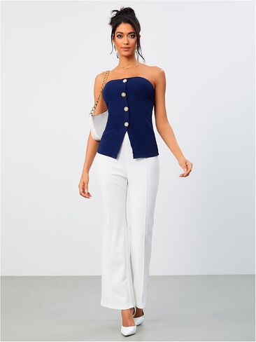 OYOANGLE Women's Button Front Slit Hem Tube Top Strapless Textured Slim Fit Tops in Saudi Arabia