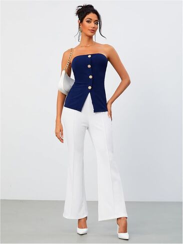 OYOANGLE Women's Button Front Slit Hem Tube Top Strapless Textured Slim Fit Tops in Saudi Arabia