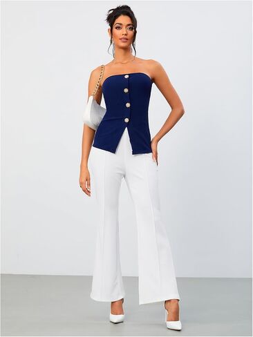 OYOANGLE Women's Button Front Slit Hem Tube Top Strapless Textured Slim Fit Tops in Saudi Arabia
