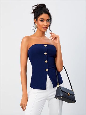 OYOANGLE Women's Button Front Slit Hem Tube Top Strapless Textured Slim Fit Tops in Saudi Arabia