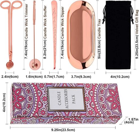 Champagne Gold 4 in 1 Candle Accessory Set with Candle Tray Plate, Wick Trimmer Cutter, Snuffer Extinguisher and Wick Dipper, Steel Candle Care Kit with Gift Package for Candle Lover in Saudi Arabia