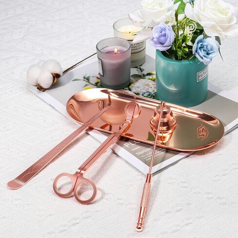Champagne Gold 4 in 1 Candle Accessory Set with Candle Tray Plate, Wick Trimmer Cutter, Snuffer Extinguisher and Wick Dipper, Steel Candle Care Kit with Gift Package for Candle Lover in Saudi Arabia