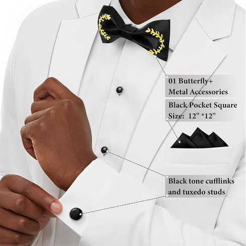 HAWSON Black Bow Ties Pocket Square Set with Cufflinks and Studs,Men's Adjustable Pre-Tied Silk Tuxedo Bow tie for Wedding. in Kuwait