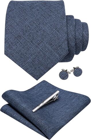 YOHOWA Extra Long Men's Tie Set with Clip Wool Linen Solid Checkered Business Wedding Neckties Handkerchief Cufflinks in Kuwait