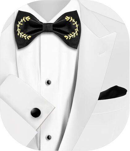 HAWSON Black Bow Ties Pocket Square Set with Cufflinks and Studs,Men's Adjustable Pre-Tied Silk Tuxedo Bow tie for Wedding. in Kuwait