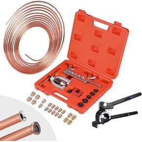 3/16" Copper-Coated Brake Line Kit - Includes Flaring Tool Set, 16 Fittings, 4 Thread Unions - Ideal for Hydraulic Braking, Fuel, and Transmission Systems - HVAC, Automotive, and Home Improvement Use
