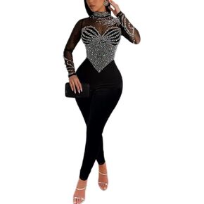 Women's Sexy Long Sleeve Pearl Rhinestone Jumpsuit Patchwork Sheer Mesh See Through Bodycon Jumpsuit Party Night