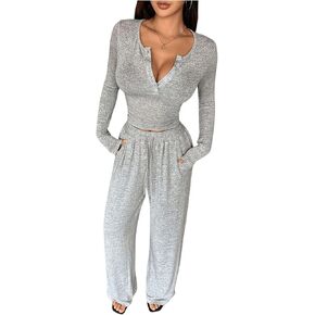 Floerns Women's 2 Piece Outfit Ribbed Placket Button T Shirt with Pants Clothing Set