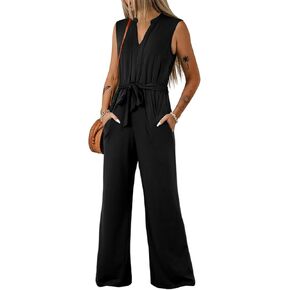 BLENCOT Jumpsuits for Women Dressy Summer Belted Romper Casual Sleeveless V Neck Wide Leg One Piece Outfits with Pockets