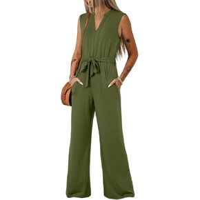 بذلة BLENCOT للنساء صيفية أنيقة بحزام رومبير كاجوال بدون أكمام ورقبة على شكل V وساق واسعة ملابس قطعة واحدة مع جيوب in Kuwait