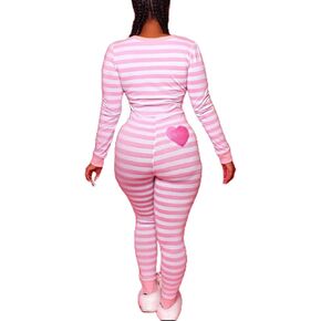 Women Striped Christmas One Piece Pajamas V Neck Long Sleeve Jumpsuit Bodycon Bodysuit Romper Sleepwear