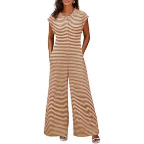 Cicy Bell Womens Casual Striped Jumpsuits Summer Cap Sleeve Wide Leg Jumper Romper Button Down Travel Beach Outfits