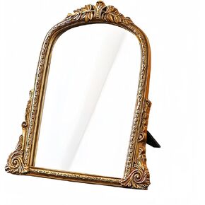 Vintage Gold Vanity Makeup Desk Mirror - Antique Chic Arch Table Mirror with Carved Resin Frame, Small Standing Arendahl Mirror for Living Room, Bedroom, Tabletop (13.2" x 12.8")