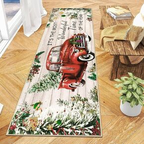 Ileading Christmas Tree Truck Runner Rug Non Slip Farmhouse Winter Hallway Runner Rug Washable Xmas Holiday Floor Runner Area Rug Soft Laundry Room Rug for Entryway Hallway Bathroom Bedroom Kitchen