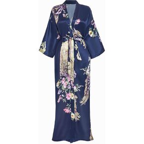 Women's Satin Kimono Robes Peacock and Floral Printed Long Bathrobe Bridesmaid Wedding Party Dressing Gown