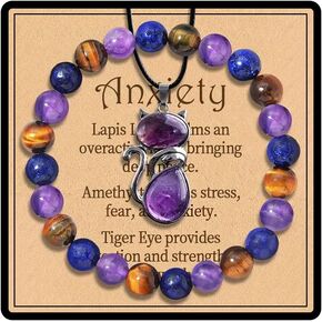 Anxiety Bracelet, Lapis Lazuli Amethyst Tigers Eye Beaded Bracelets Cat Sea Turtle Natural Stone Necklace Anxiety Relief Calm Focus Healing Cryatal Fidget Jewelry Set Gift For Women Men