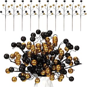 Hiboom 30 Pcs Christmas Glitter Ball Picks 14 Inch Artificial Curly Spray Ball Sticks Decorative Stem Picks for Holiday Wedding Vase Fillers Xmas Tree Topper DIY Wreath Crafts Decor (Black and Silver)