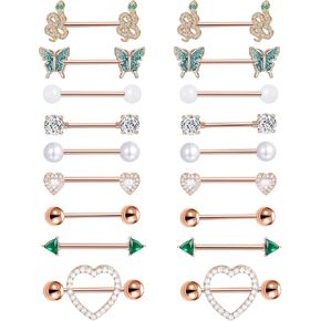 Tornito 9 Pairs Nipple Rings 14G Stainless Steel Heart Butterfly Snake Ball Emerald Triangle CZ Barbell Tongue Rings Set Cute Body Piercing Jewelry for Women 16mm Rose Gold Silver Tone