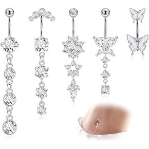 REVOLIA 5Pcs 14G Surgical Steel Dangle Belly Button Ring for Women Dangle Navel Ring Curved Belly Rings CZ Butterfly Barbell Body Piercing Jewelry