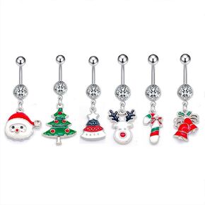 6Pcs Stainless Steel Christmas Elements Dangle Belly Button Rings for Women 14G Santa Claus Christmas Tree Belly Navel Cuved Barbell Body Piercing Jewelry for Christmas Party