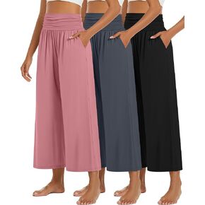 Huukeay 3 Pack Wide Leg Palazzo Pants for Women, High Waisted Lounge Yoga Pants Loose Casual Trousers with Pockets 24" Inseam