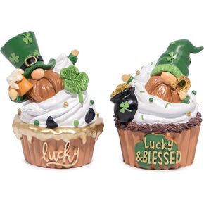 Hodao St. Patrick's Day Gnome Cupcake Figurines | Adorable Lucky & Blessed Decorations | Shamrock-Themed Home Decor | Perfect for Holiday Parties | Set of 2 Handcrafted Collectibles