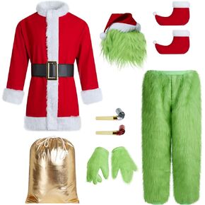 9PCS Adult Cosplay Costume,Green Monster Costume,Christmas Costume Set for Men,Santa Claus Outfit-Including Masks