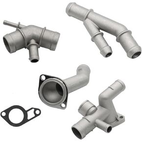 4-piece Aluminum Engine Coolant Hose Flange Kit T-Fitting Thermostat Housing Cap Compatible with Mk4 GLI GTI TT 1.8T A05424 06A121132A