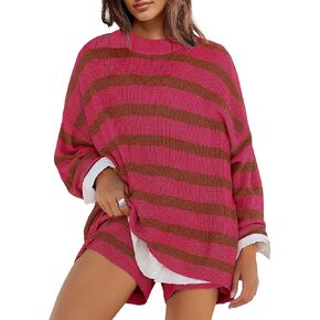 Panadila Womens Striped Sweater Set Oversized Lounge Sets Matching Pajamas Long Sleeve Sweater Top and Shorts (Burgundy Pink,XL), X-Large
