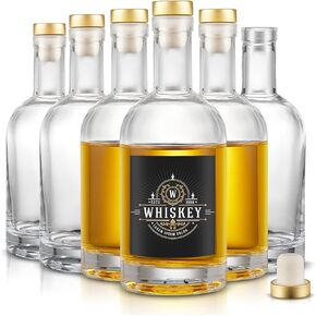 Mfacoy Set of 6 Glass Bottles, 12 oz Clear Liquor Bottles, Heavy Base Glass Bottles with T-Top Cap, Vodka Bottles for Wine Beverages Drinks Oil Vinegar Kombucha Beer with Cork Stopper Airtight Lid
