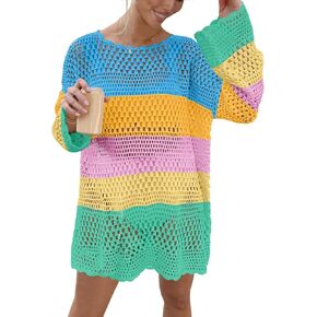 Prinbara Crochet Cover Up for Women Swimsuit Summer Bathing Suit 2024 Swim Hollow Out Bikini Swimwear Mesh Knit Beach Dress