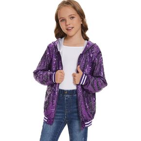 Mowbeat Girls Purple Sequin Jacket Zipper Hoodie Varsity Jacket for Kids Sparkly Sequin Long Sleeve Hoodies Coat