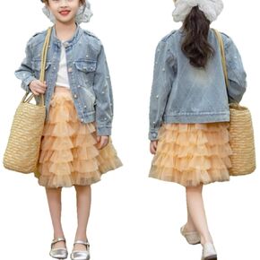Girls' Classic Pearls Denim Jackets Kids Button Down Jeans Jacket Top Coat Outwear