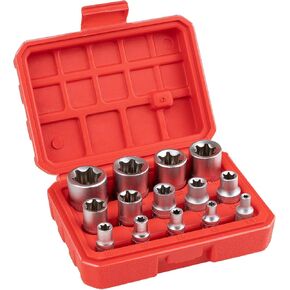 E Torx Socket Set, 14-Piece E-TORX Socket Set, Premium Female Torx Socket Set, External Torx Socket Set, Professional Star Socket Set, Storage Case Included, 1/4" 3/8" 1/2" Drive, E4 - E24