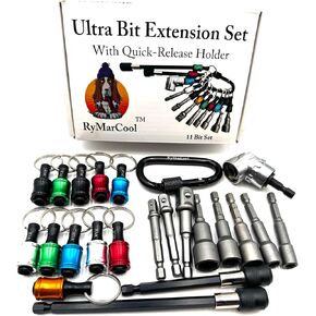 Ultra Bit Extension w/Quick-Release Holder - 4" extension, 6" extension, right-angle extension bit, 1/4", 3/8" and 1/2 socket bits, 1/4", 5/16", 3/8", 7/16", and 1/2" magnetic nut drivers.