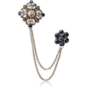 Retro Crystal Flower Geometry Lapel Pin for Men Rhinestone With Hanging Chain Brooch for Men Suit Fashion Gold Collar Pins for Men Women Gifts