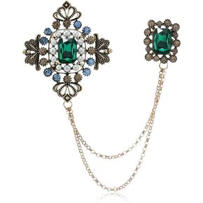 Retro Crystal Flower Geometry Lapel Pin for Men Rhinestone With Hanging Chain Brooch for Men Suit Fashion Gold Collar Pins for Men Women Gifts in Kuwait