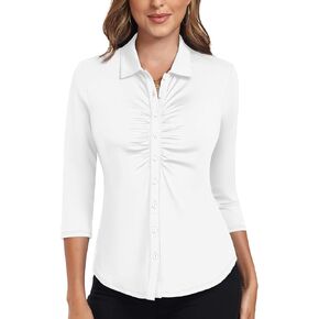 Soneven Womens 3/4 Sleeve Golf Shirts V Neck Collared Button Down Shirt Tops Ruched Front